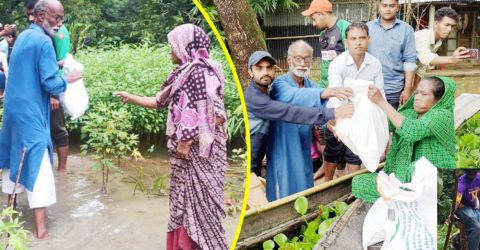 কুলাউড়ায় বন্যার্ত মানুষের মাঝে ২য় ধাপে ত্রান বিতরণ করেন সাবেক এমপি আলী আব্বাছ খান