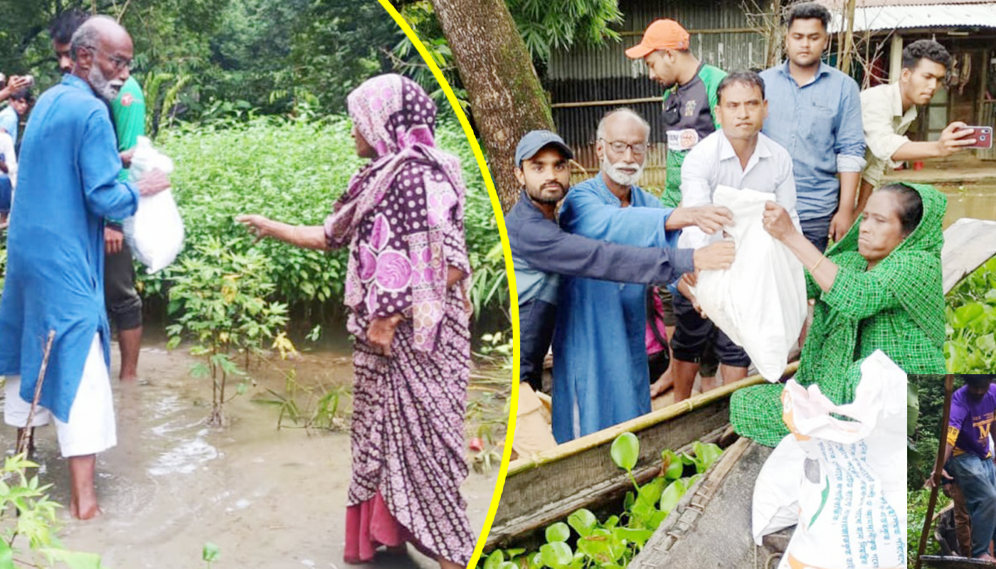 কুলাউড়ায় বন্যার্ত মানুষের মাঝে ২য় ধাপে ত্রান বিতরণ করেন সাবেক এমপি আলী আব্বাছ খান