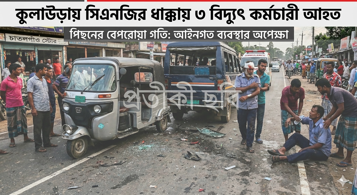 কুলাউড়ায় সিএনজির ধাক্কায় বিদ্যুৎ বিভাগের ৩ কর্মী আহত; একজন আইসিইউতে